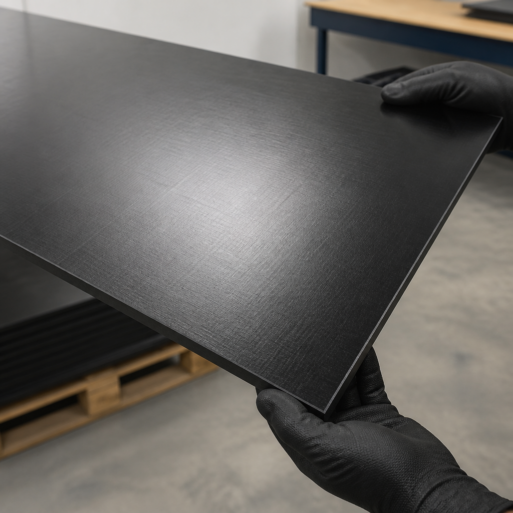 Black acetal sheet close-up, textured surface held by gloved hands in a workshop