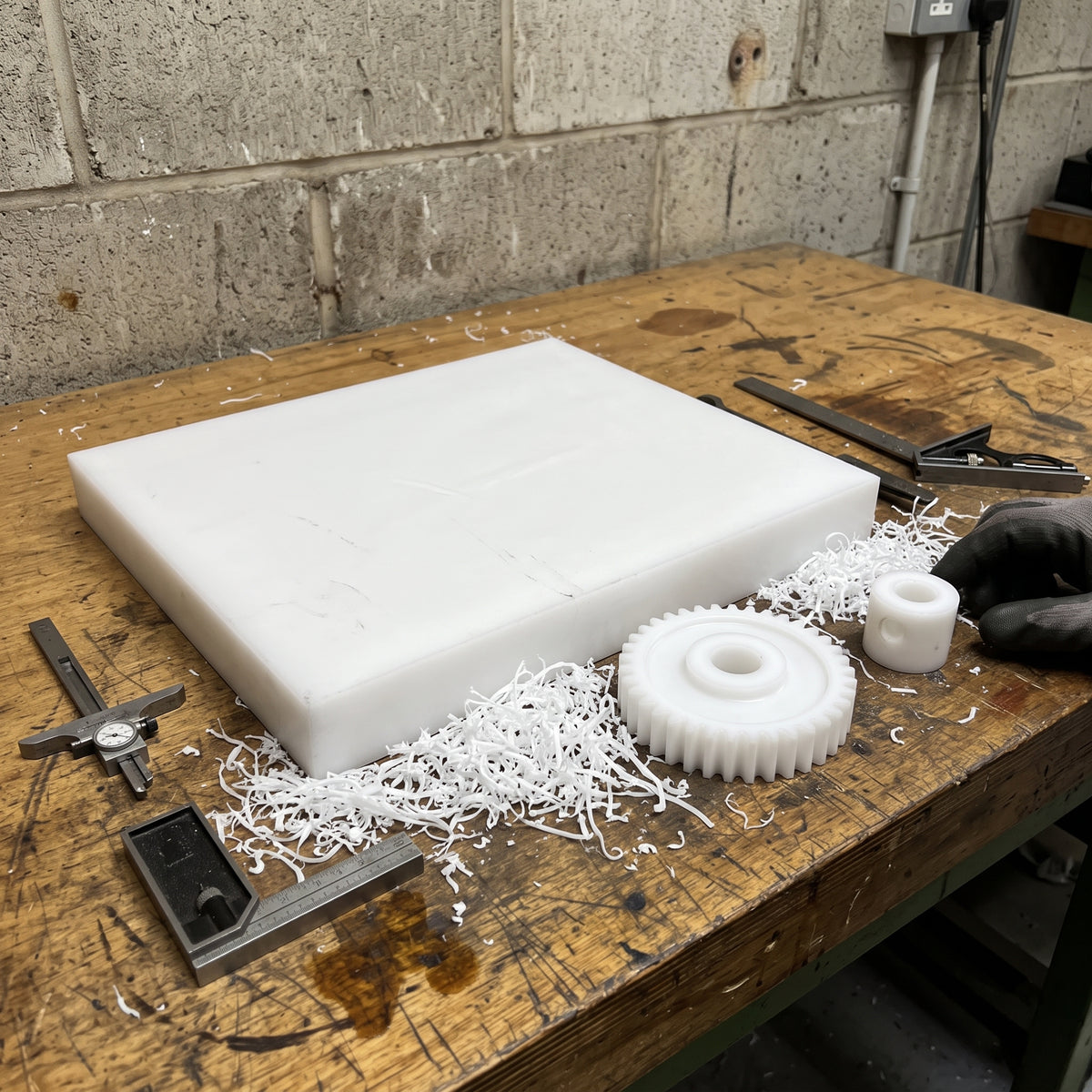 Thick natural white acetal slab on a machine shop bench with a milled acetal gear and bush cut from it, swarf and measuring tools around