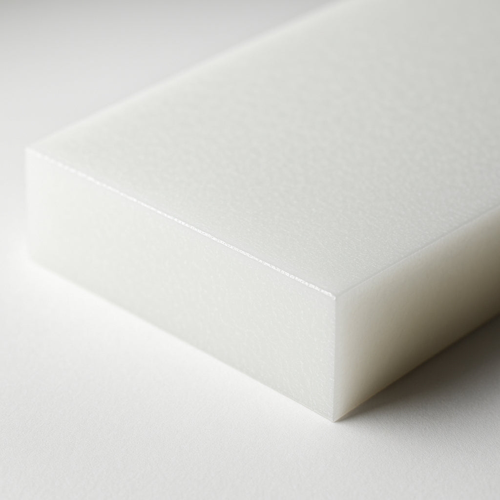 Close-up of white acetal POM plastic sheet showing material texture and machined edge