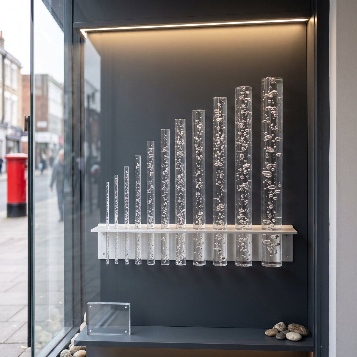 Graduated clear acrylic bubble rods mounted upright in a backlit retail window, bubbles visible along each length