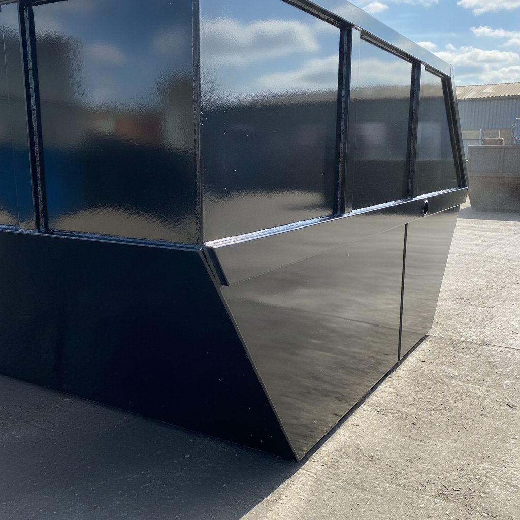 Black anti-corrosive enamel paint on a skip in a UK industrial yard