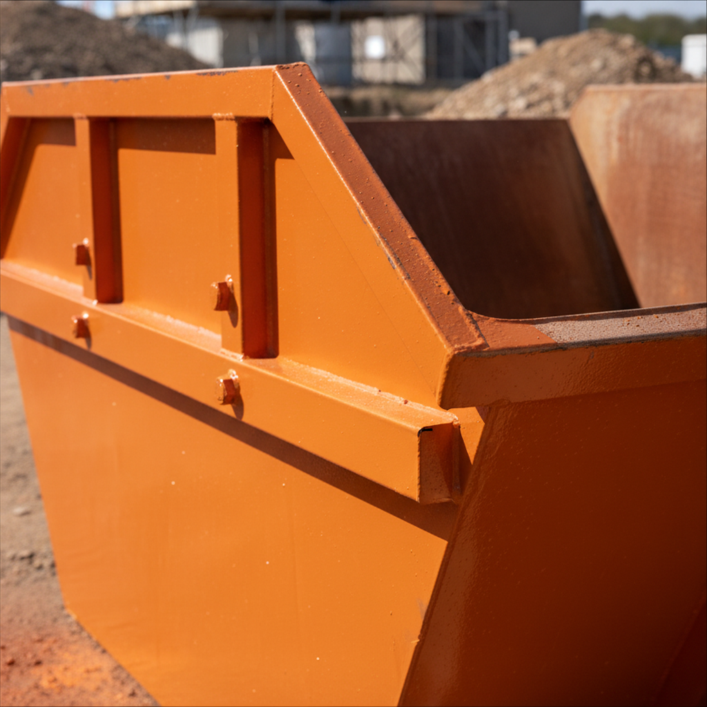 Orange anti-corrosive enamel paint on a high-visibility skip on a UK construction site