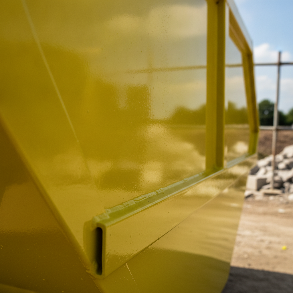 Yellow anti-corrosive enamel paint on a high-visibility skip on a UK building site