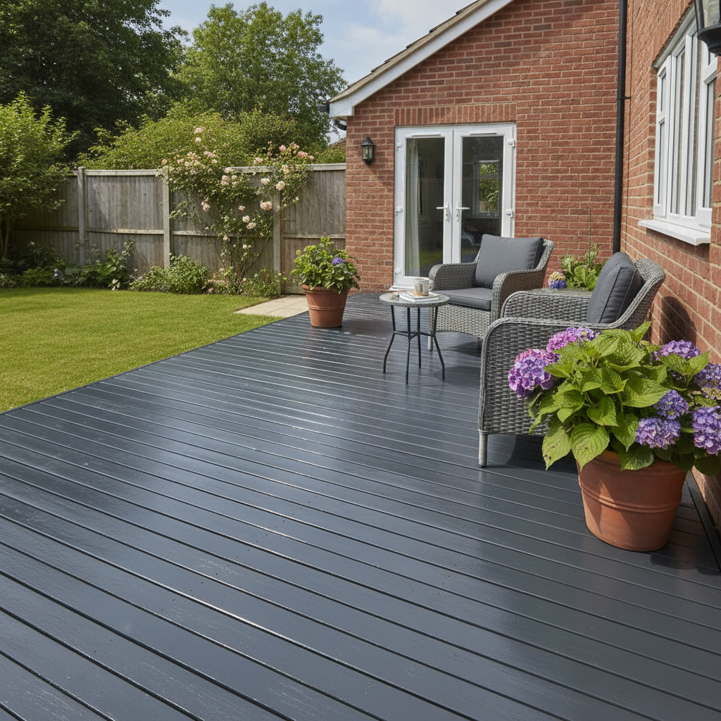 Charcoal anti-slip decking paint applied to timber decking in a UK garden patio seating area