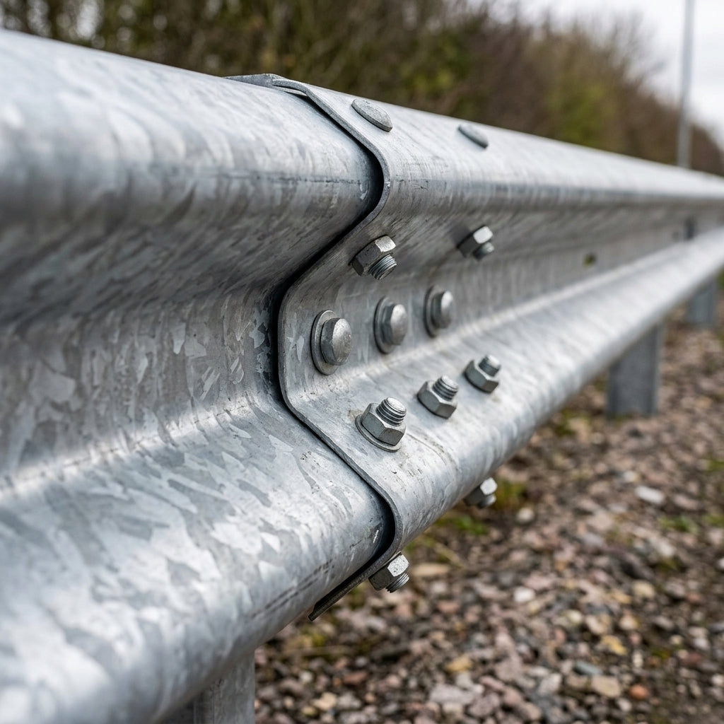 Close-up of two galvanised Armco beams overlapped and fastened with round-head lap bolts and nuts
