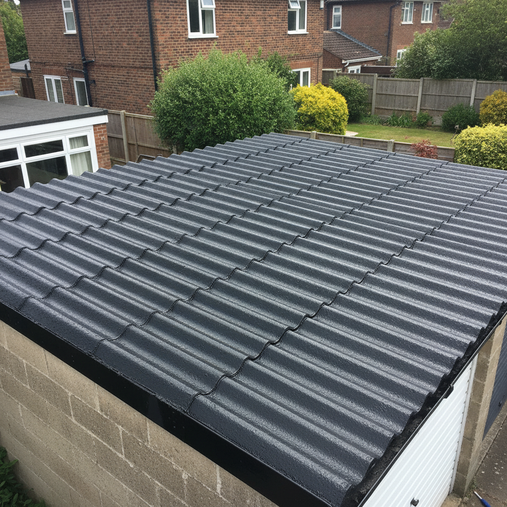 Charcoal asbestos roof paint on a corrugated cement garage roof in the UK
