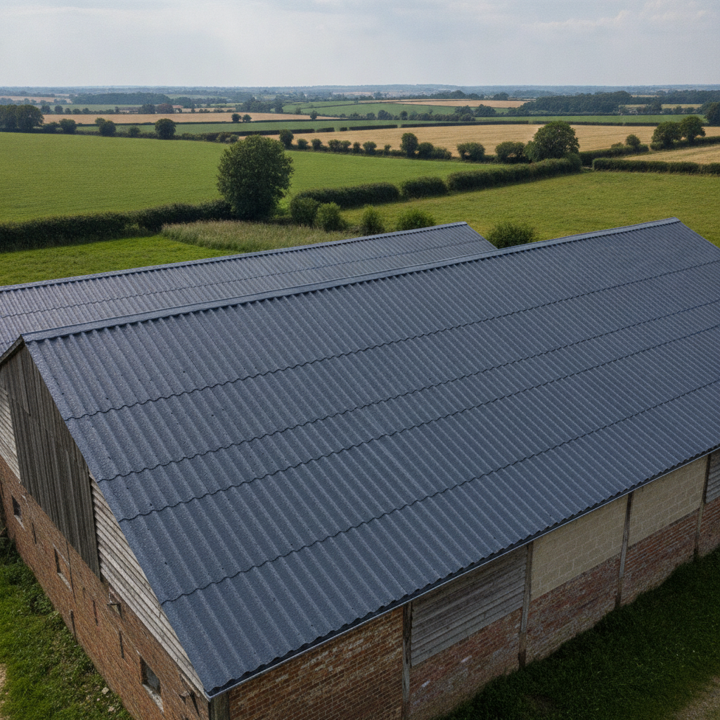 Slate grey asbestos roof paint on a corrugated cement barn roof in the UK