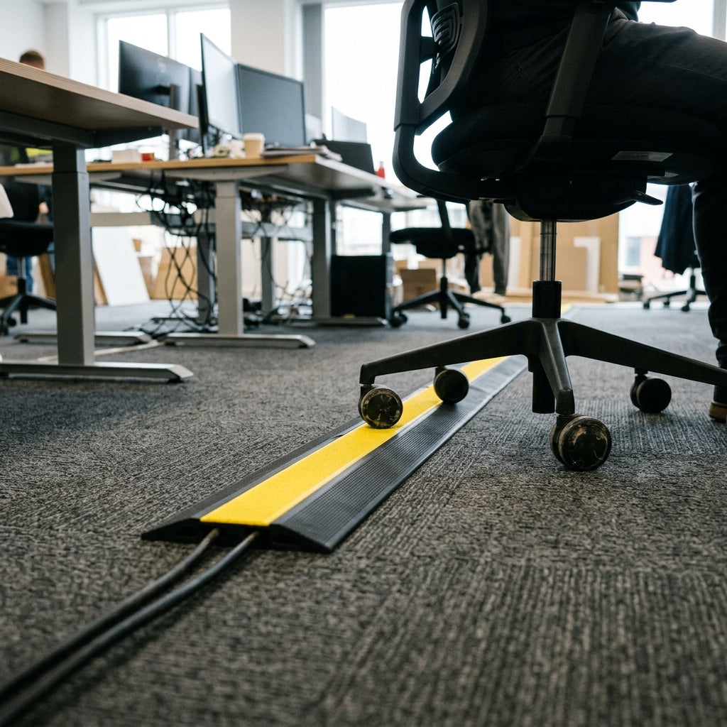 Two channel rubber cable cover on office carpet tiles with a chair castor rolling over it