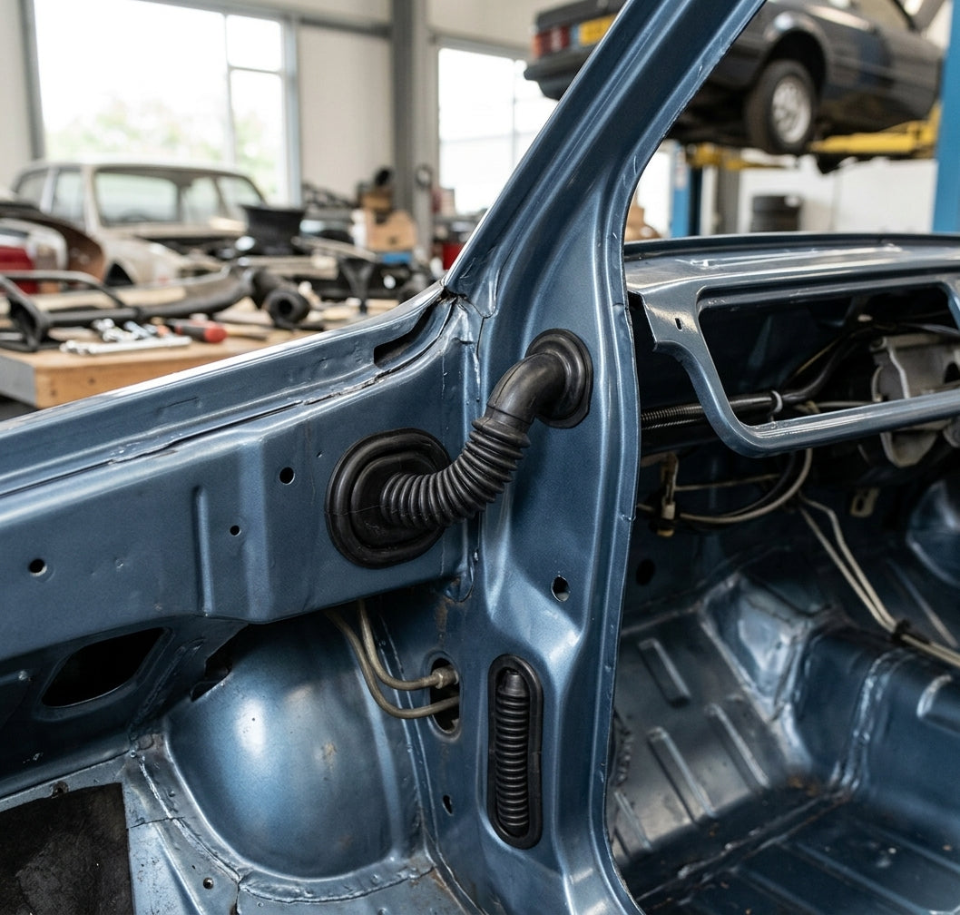 Two wiring grommets fitted to a blue car's A-pillar and door aperture