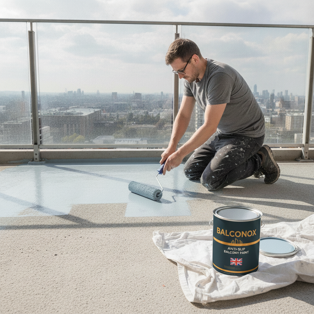 Light blue Balconox anti-slip balcony paint being rolled onto a balcony floor
