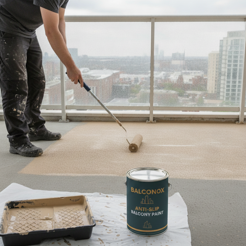 Sandstone Balconox anti-slip balcony paint being applied to a high-rise balcony floor