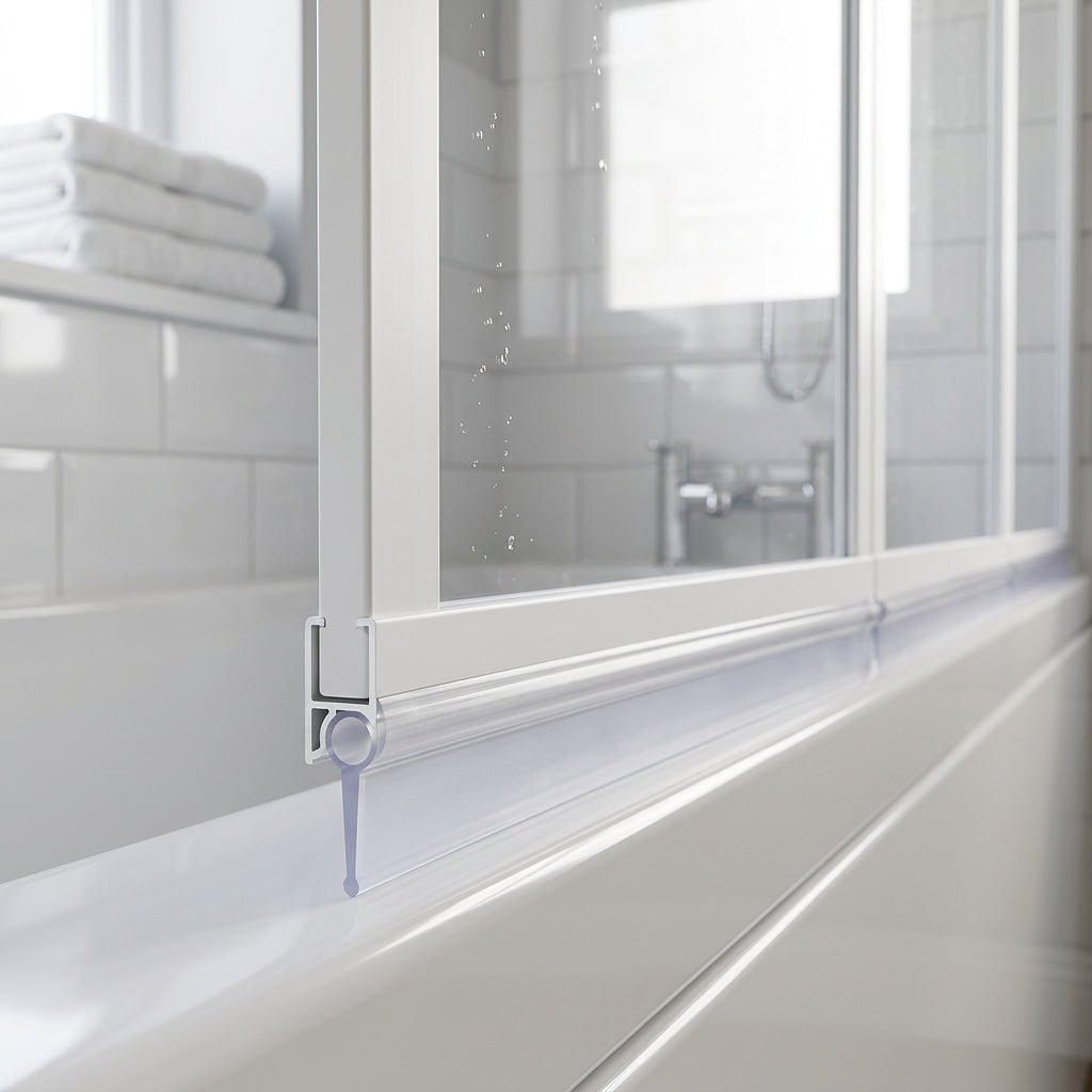 Clear bubble-bead seal with 18mm body sealing a 13-18mm gap under a folding bath screen
