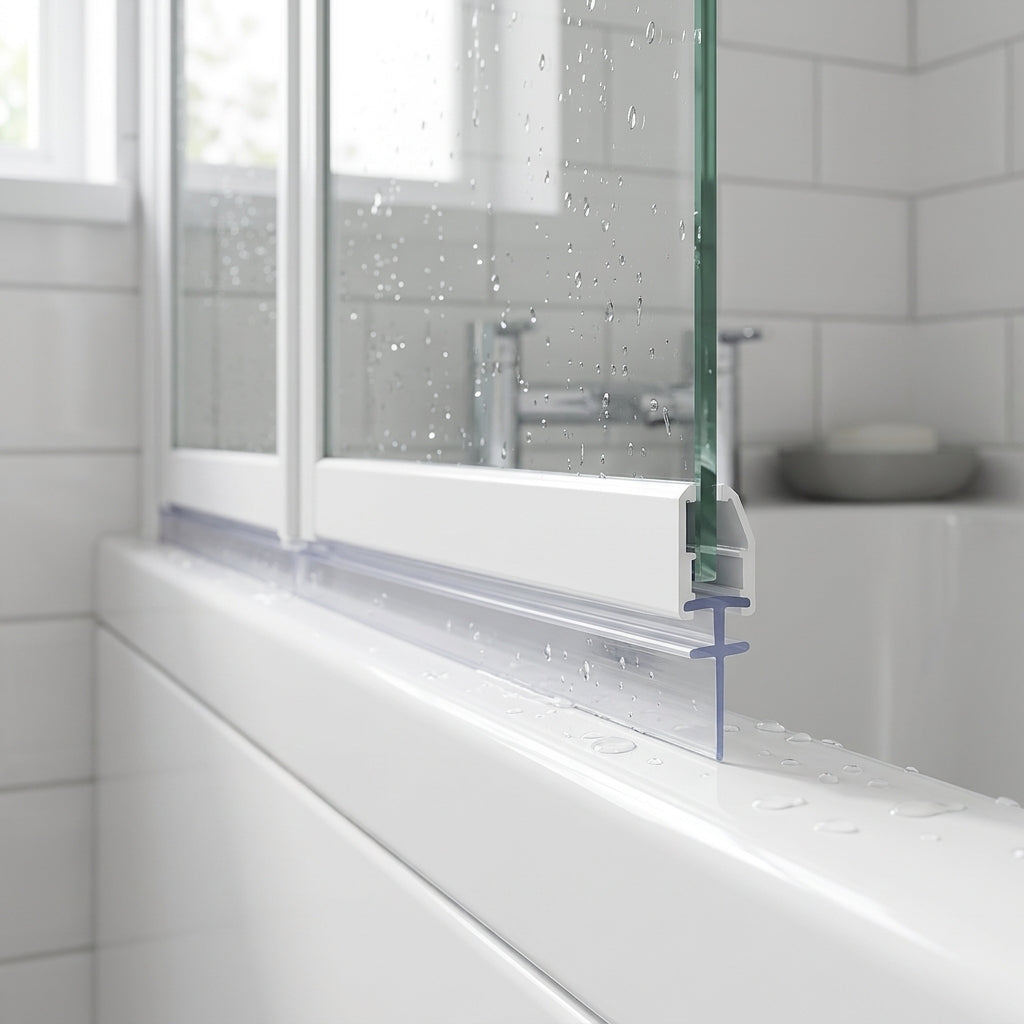 Clear 5mm T-head seal with 17mm blade sealing a 13-17mm gap under a folding bath screen