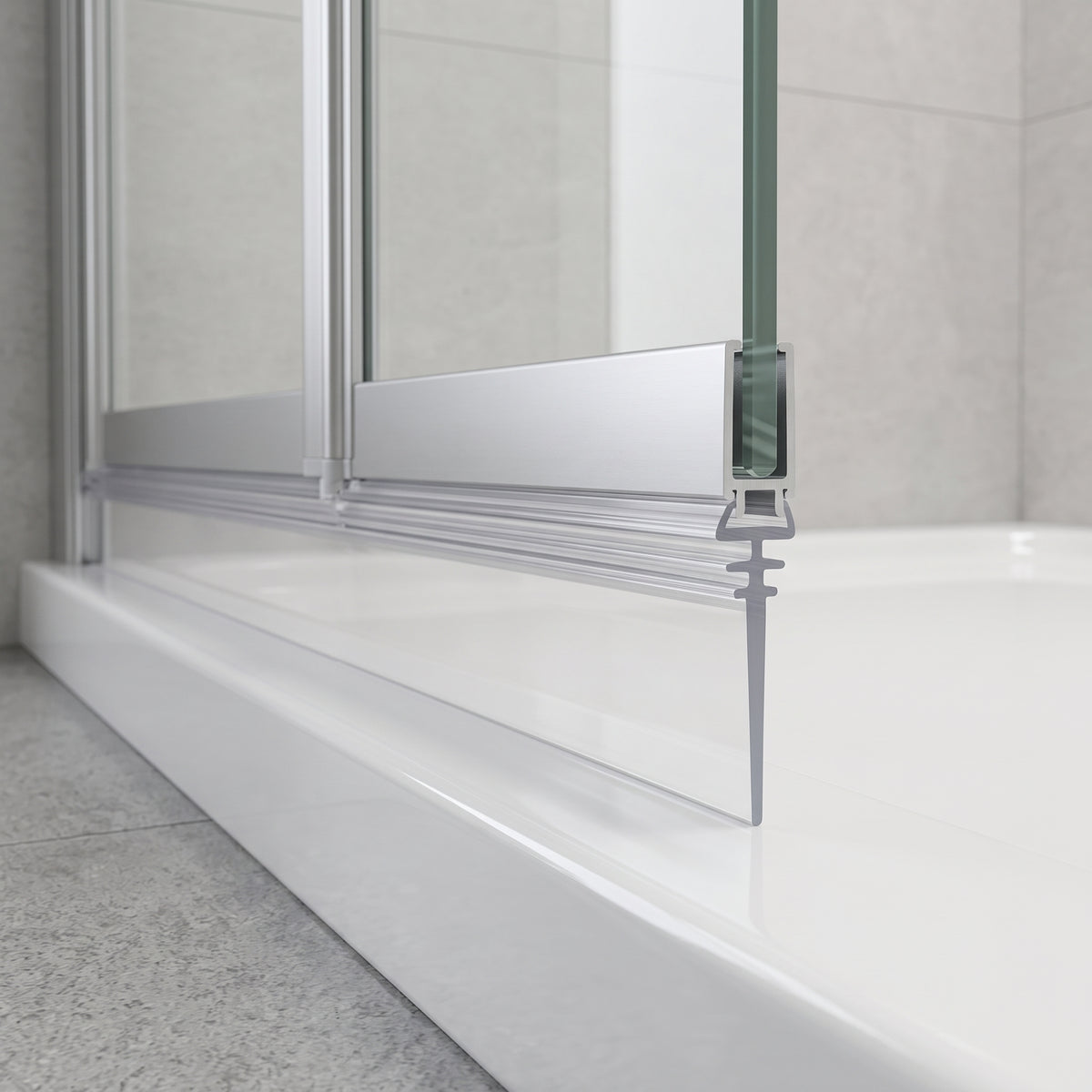 Clear multi-fit bifold seal in an aluminium bottom rail, trimmable blade sealing down to the shower tray