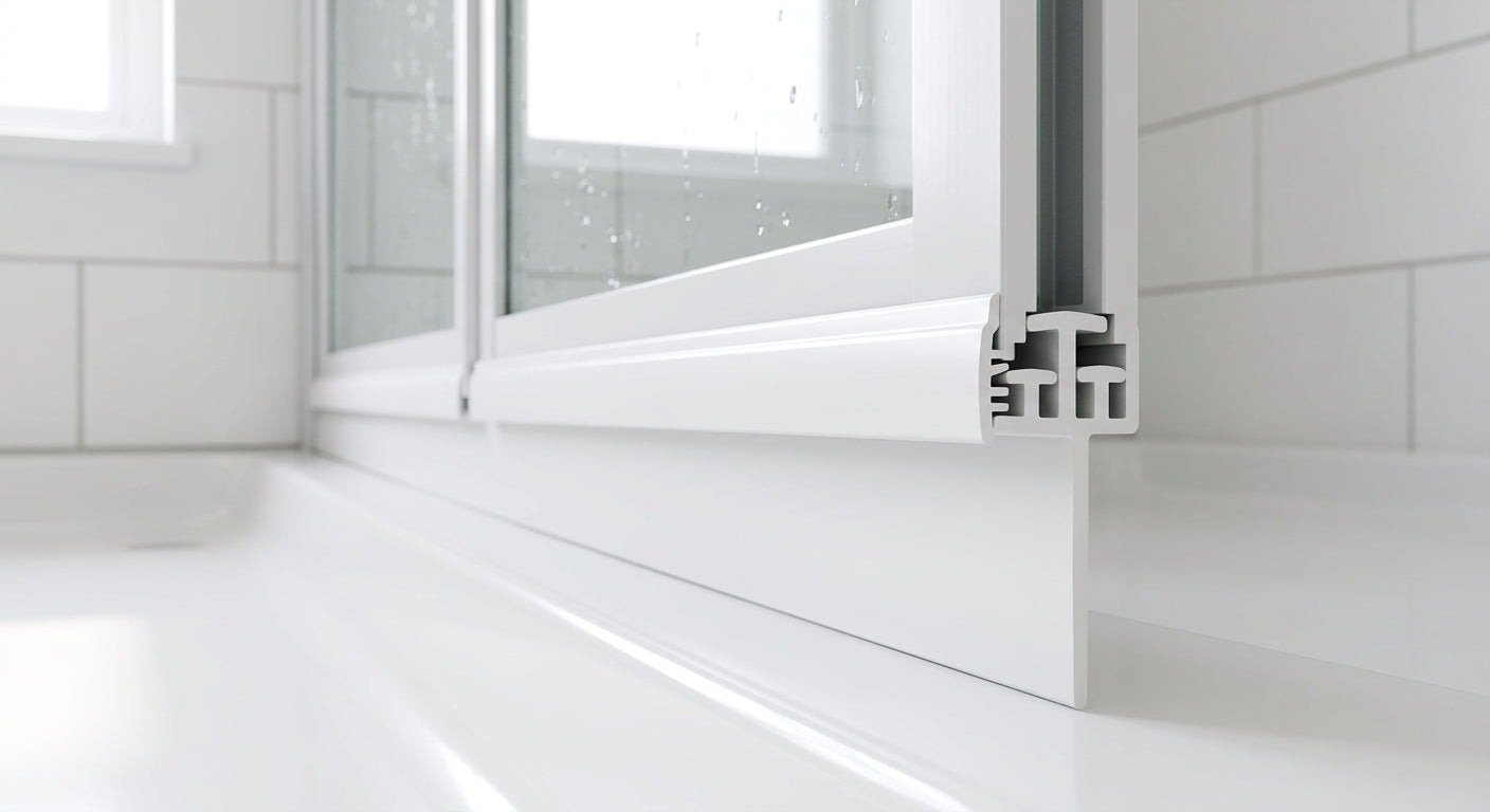 White multi-fit seal with 5mm, 7mm and 10mm T ridges and trimmable blade on a bifold shower door
