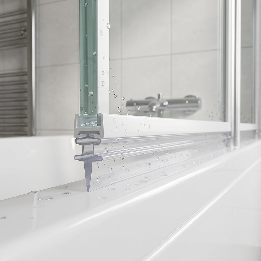 Clear 5mm T-head seal with 13mm body sealing an 8-13mm gap under a bifold bath screen