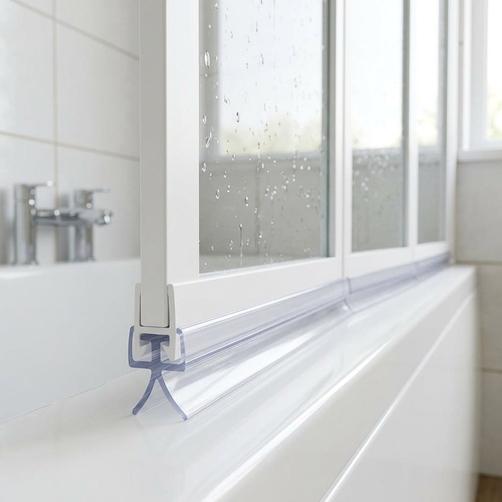 Clear 7mm T-head seal with 8mm body sealing a 3-8mm gap under a bifold bath screen