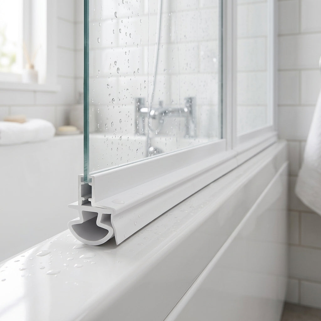 White 8mm T-head low-profile seal sealing a tiny 2-4mm gap under a bifold bath screen
