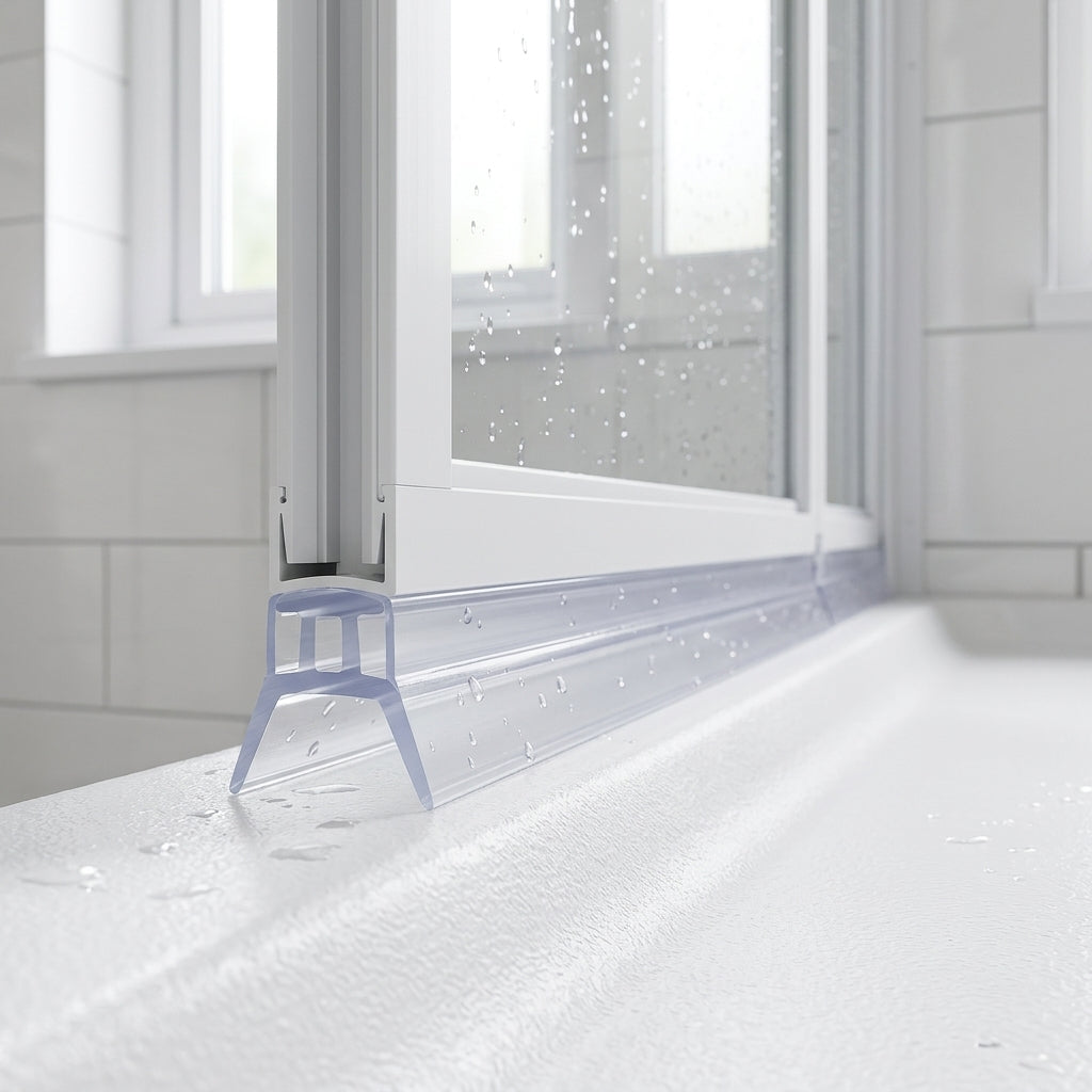 Clear 5mm T-head seal sealing a small 2-5mm gap under a bifold shower door