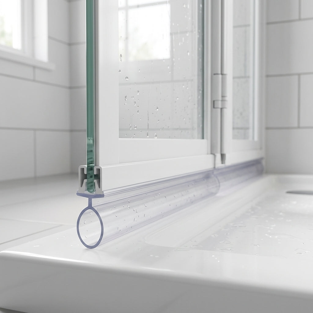Clear multi-fit seal with 4mm, 6mm and 8mm T options fitted under a bifold shower door bottom rail