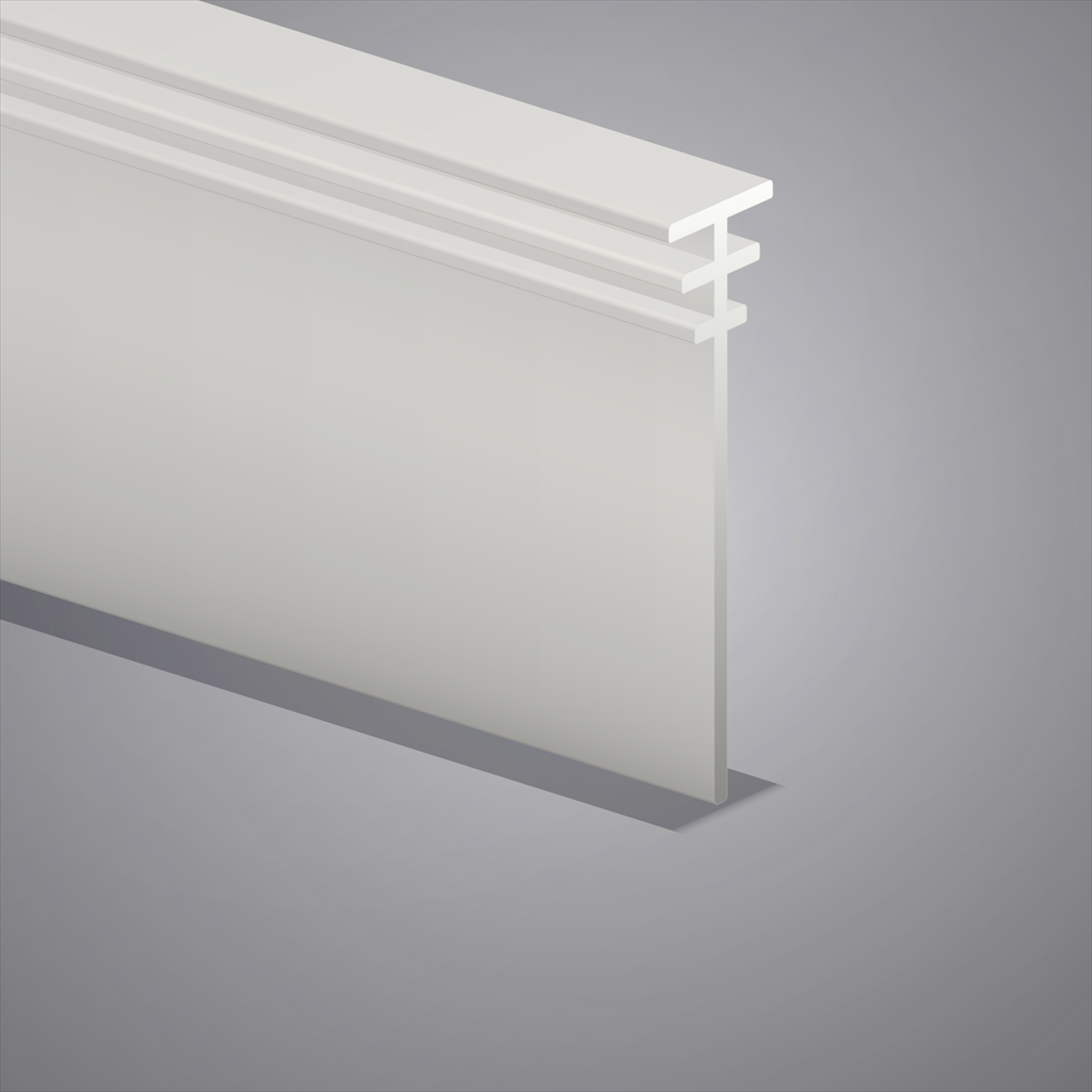 Translucent multi-fit bifold seal on grey, angled three-quarter view, three stacked T-ribs above a tall blade