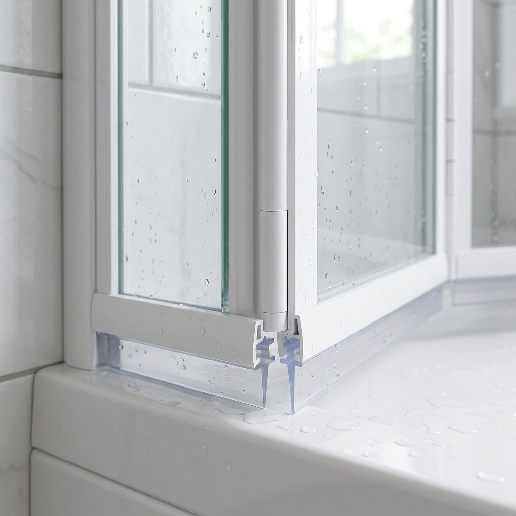 Clear dual-fit seal with 5.5mm and 7mm T ridges sealing a 15-20mm gap under a bifold shower door