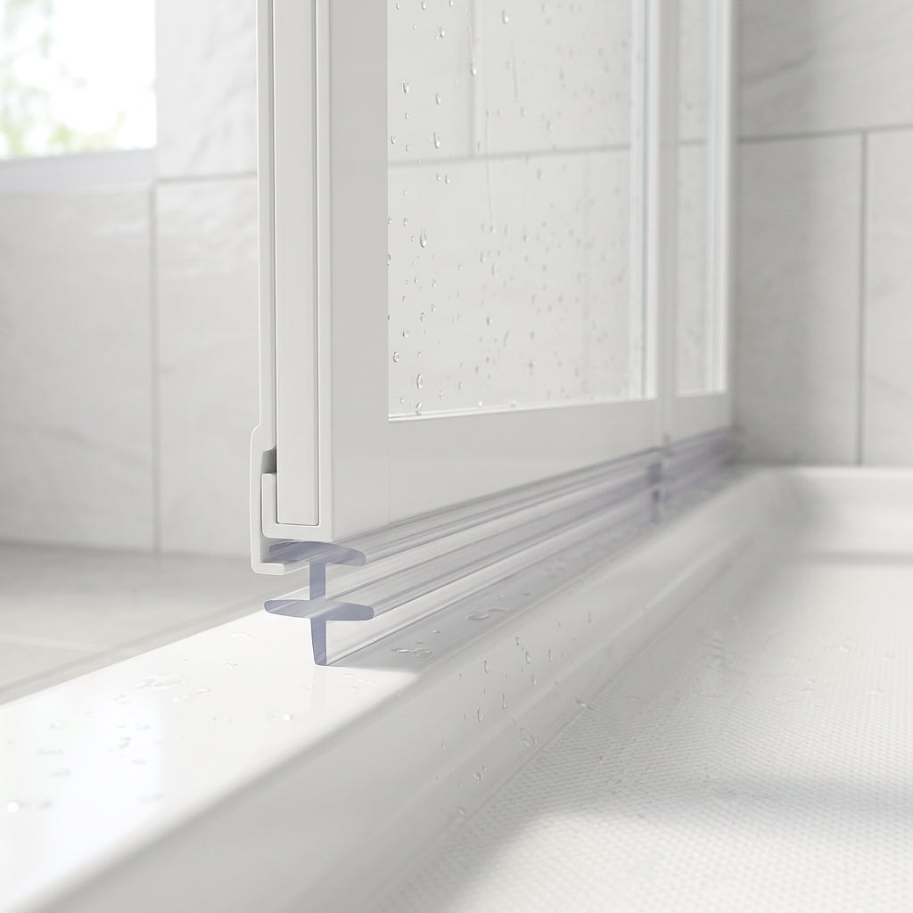 Clear 6mm T-head low-profile seal sealing a 2-7mm gap under a bifold shower door
