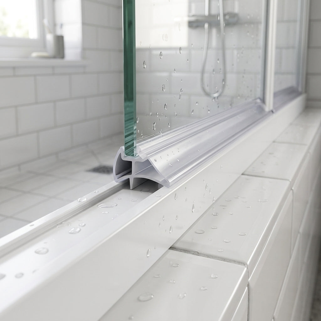 Clear 9mm seal pushed between the glass pane and frame on a bifold shower door bottom rail
