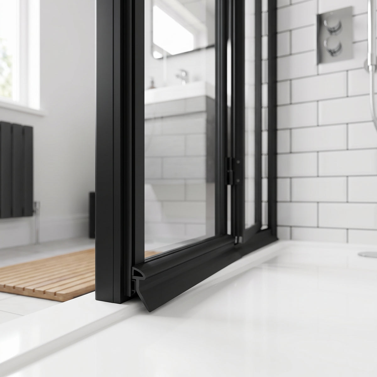 Black 4mm T-head channel seal fitted in a black-framed bifold shower door bottom rail, blade sealing to the tray