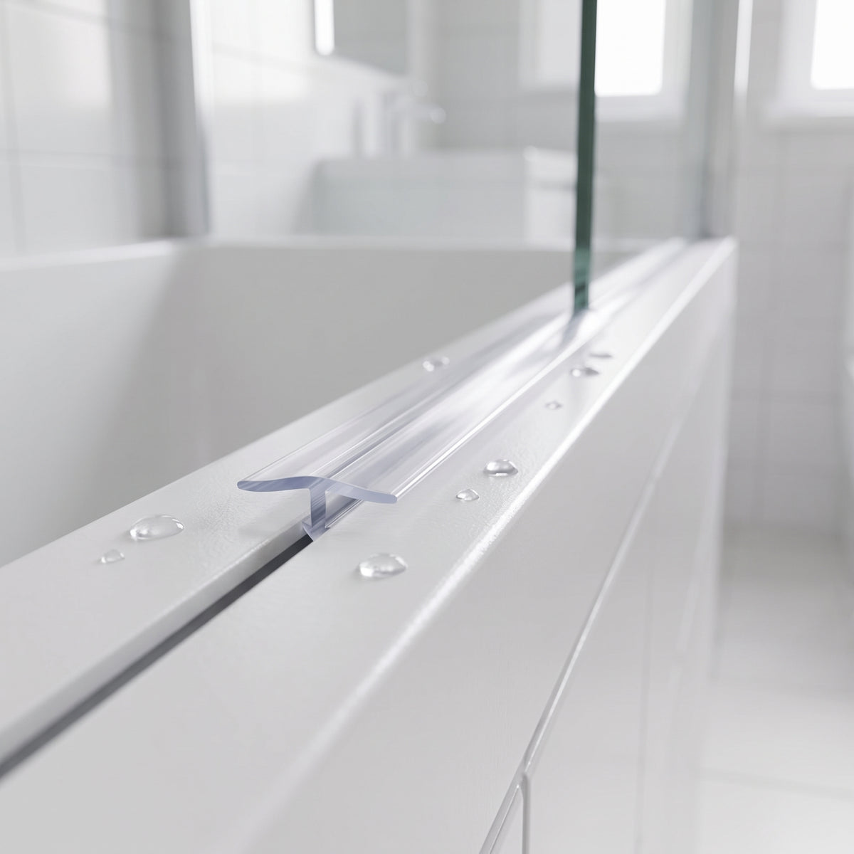 Clear low seal lying along the top face of a bath screen rail, glass above and droplets around