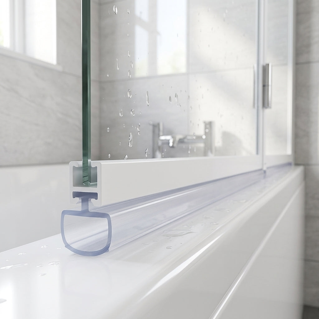 Clear 6mm T-head seal with 9mm body sealing a 4-9mm gap under a bifold bath screen