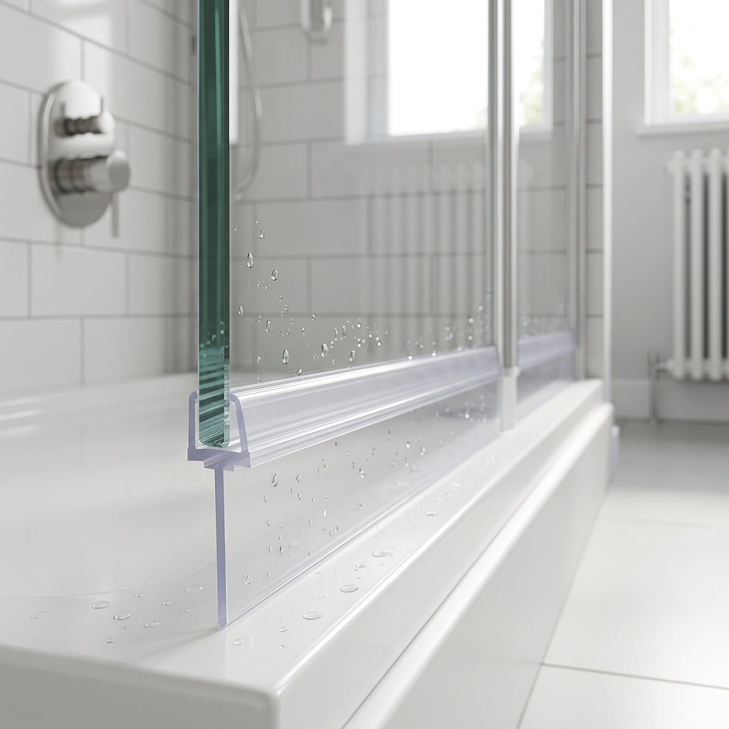 Clear 8.5mm T-head seal with extra tall 30mm blade sealing a 25-30mm gap under a bifold shower door