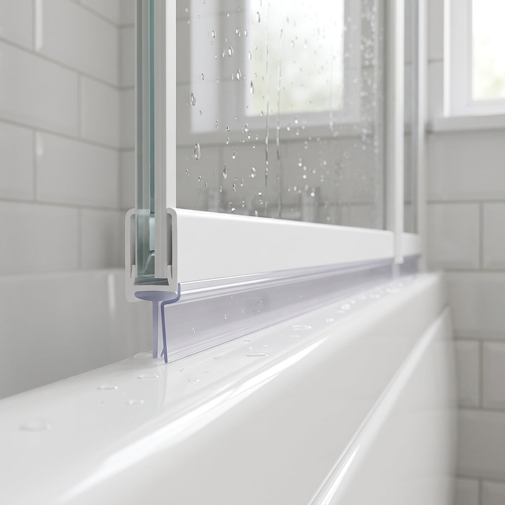 Clear seal under the bottom rail of a bath screen on a white bath, metro tiles and window behind