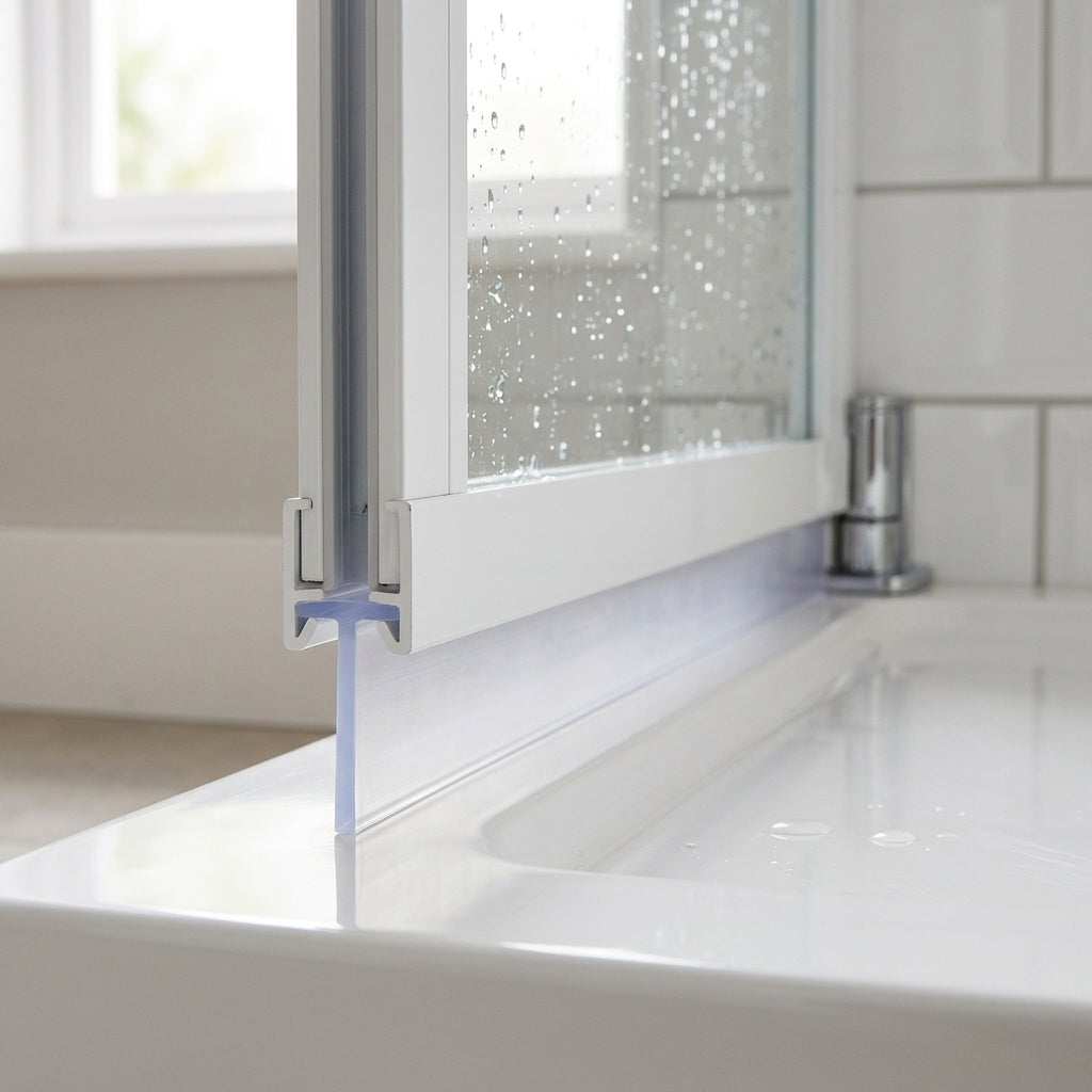 Clear 5mm T-head seal with 13mm body sealing an 8-13mm gap under a bifold shower door