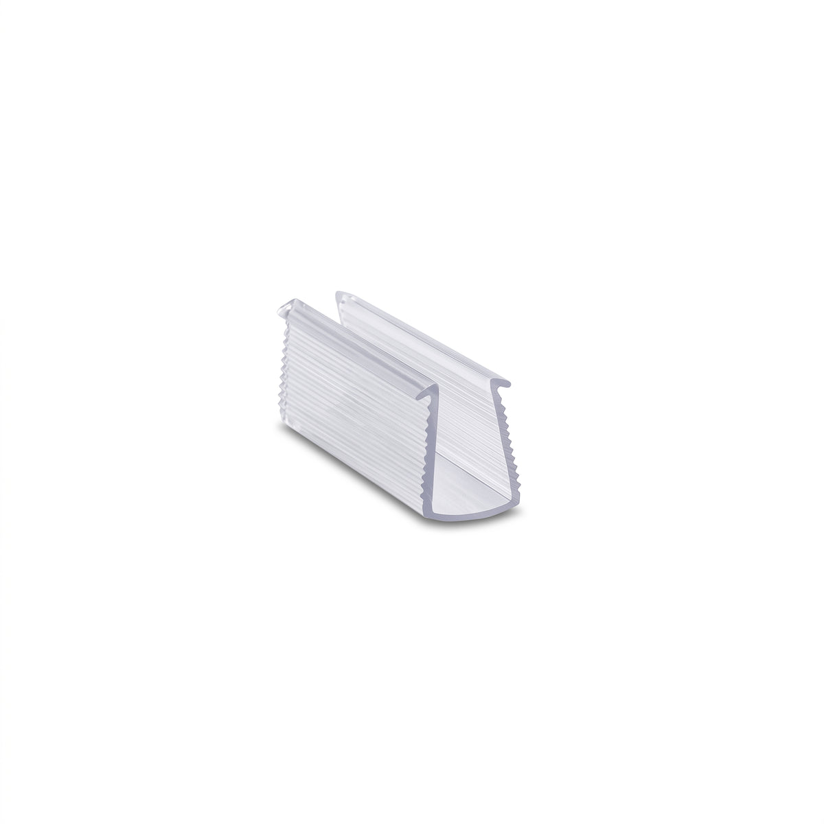Clear frame seal offcut on white, U-shaped channel with fine serrations on the inner walls