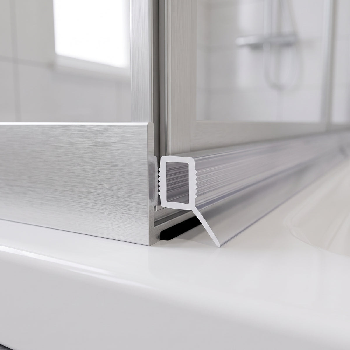 Clear push-in seal with ribbed foot in a bifold door bottom rail recess, blade sealing to the tray
