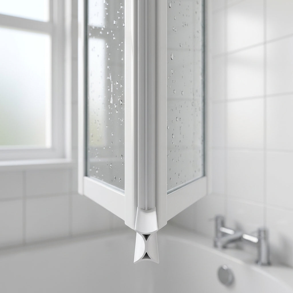 White X-profile seal fitted vertically between the folding panels of an Aqualux concertina bath screen