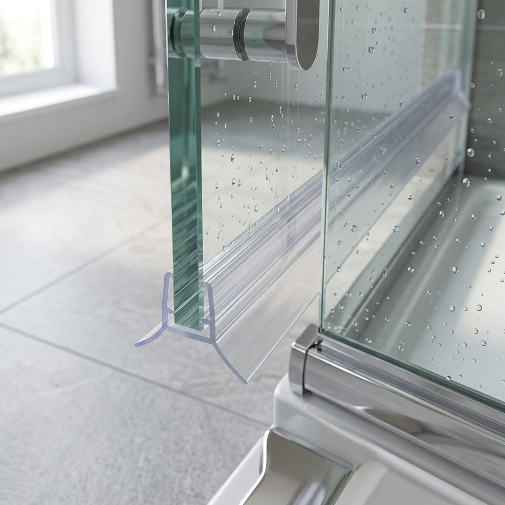 Shower screen seal installed on glass panel - F-Shaped Channel Seal - Lengths of 900mm and 2000mm