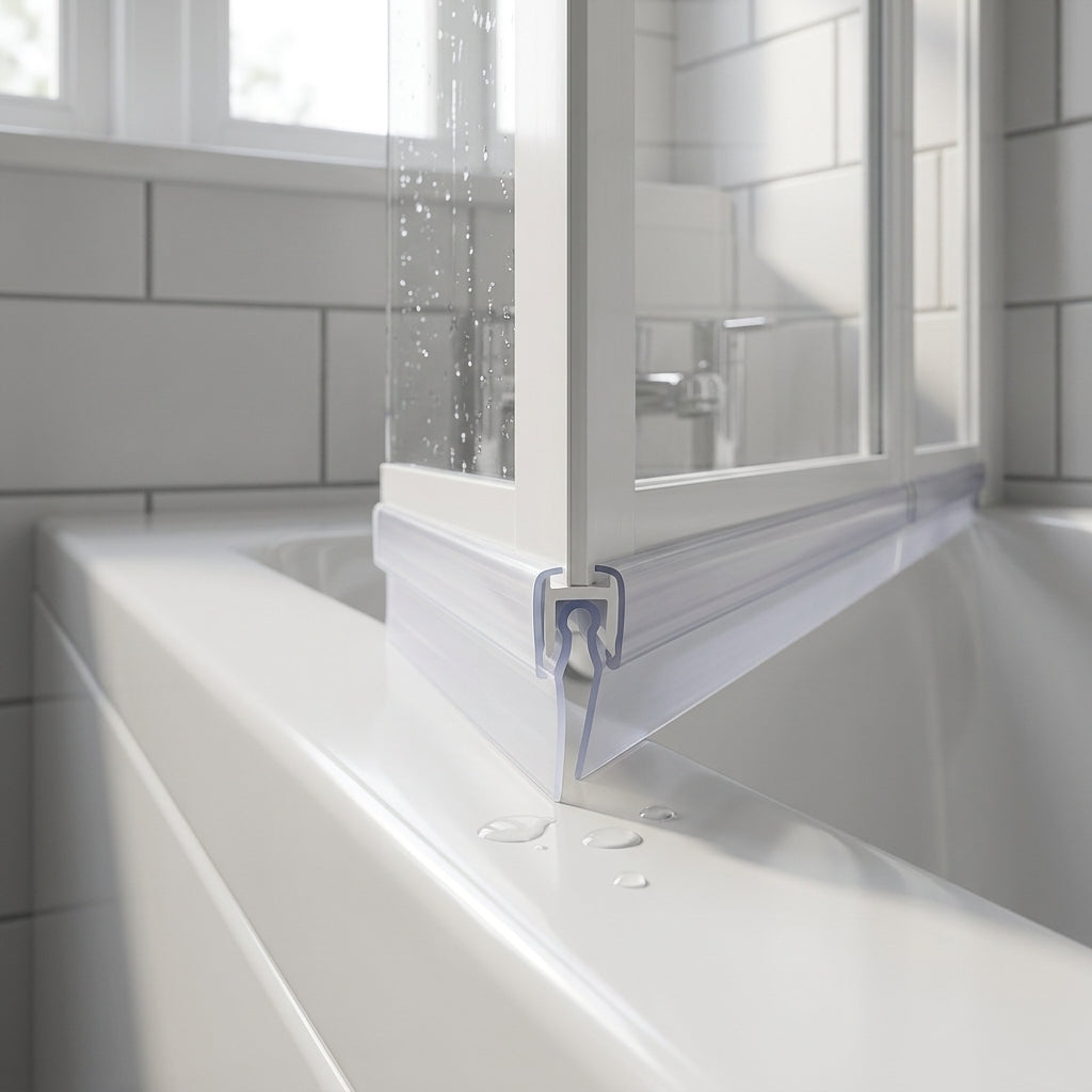 Clear rigid seal capped over the T-shaped ridge on a bifold bath screen bottom rail