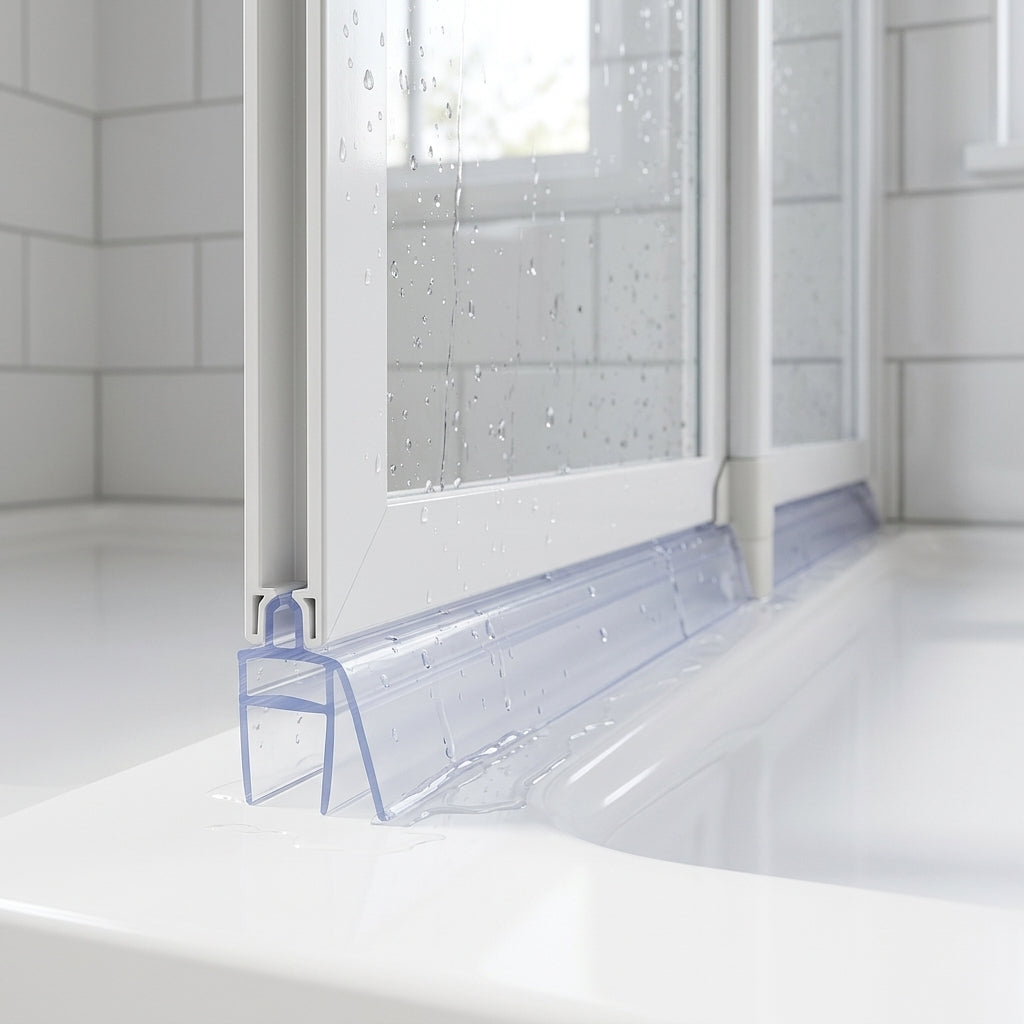 Clear seal with rigid top section fitted along the bottom of a Provex-style folding shower screen
