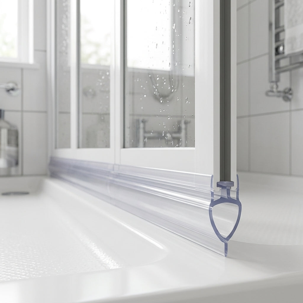 Clear 6mm T-head seal with 14mm body sealing a 9-14mm gap under a bifold shower door