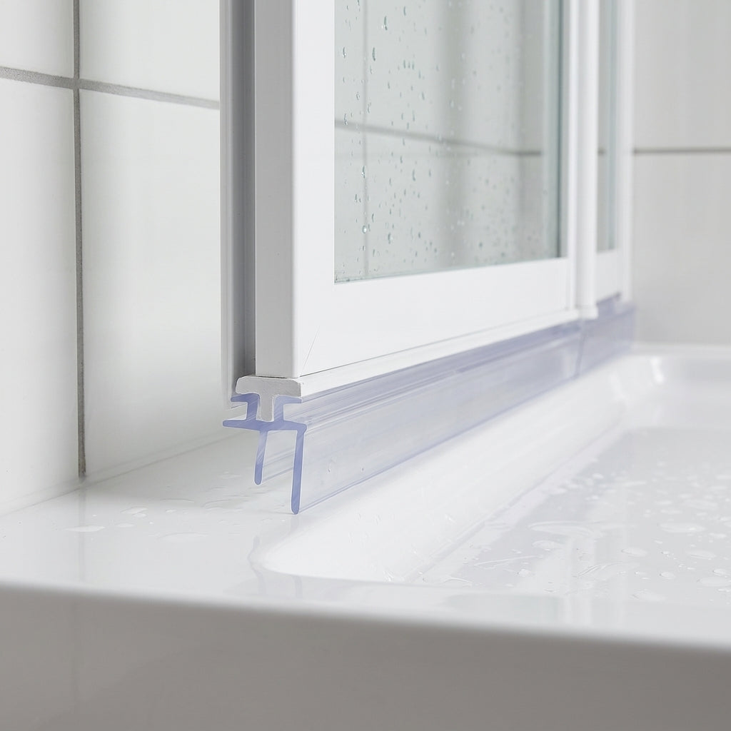 Clear 8mm rigid T-head seal with 14mm body sealing an 11-14mm gap under a bifold shower door