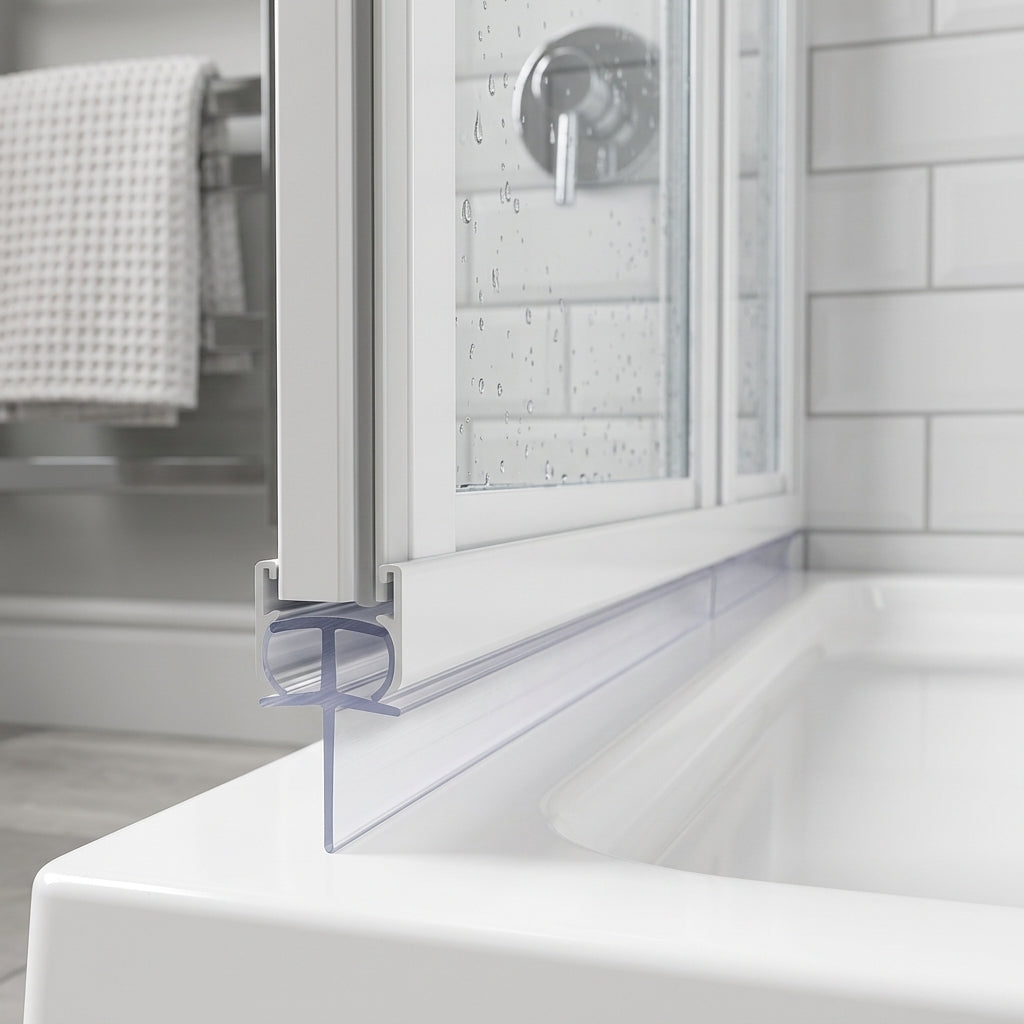 Clear double-flange seal under a white bath screen rail, blade angling onto the white bath