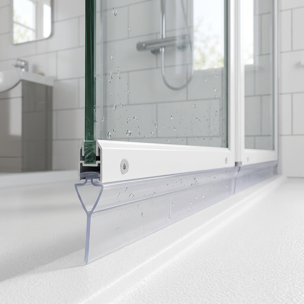 Clear 5mm T-head seal with extra tall 24mm blade sealing a 19-24mm gap under a bifold shower door