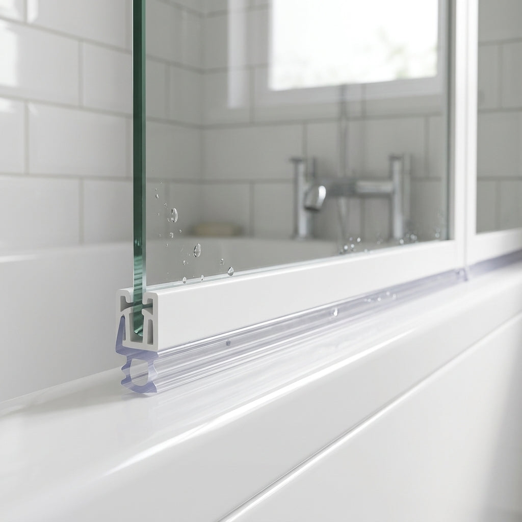 Clear push-in seal fitted into a 7-9mm recess on the bottom rail of a bifold bath screen