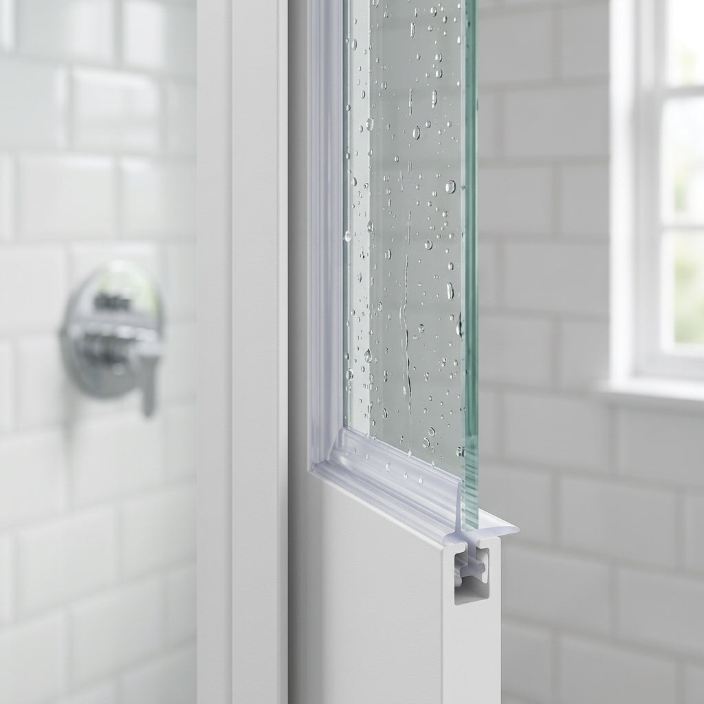 Clear 3.5mm T-width seal fitted vertically on a bifold door upright, sealing a 1-3mm gap between glass and wall