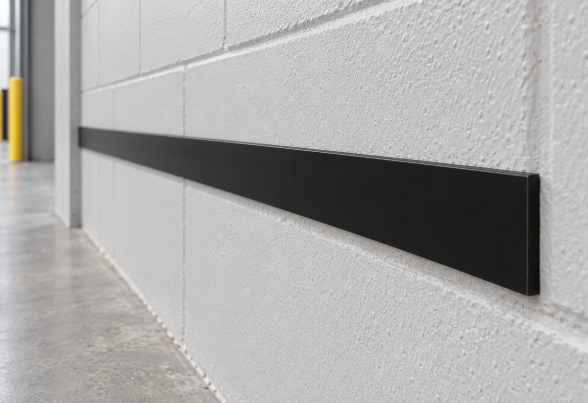 Illustrative 25 x 3mm black PVC flat bar installed as an industrial wall bump strip