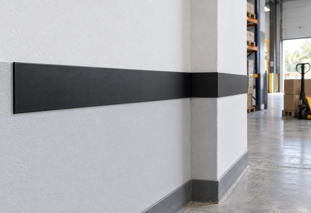 Illustrative black PVC flat bar installed as an industrial wall bump strip