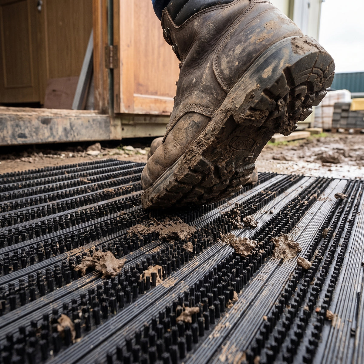 Close-up of black brush insert entrance matting, standard grid, a muddy work boot being scrubbed across the nylon bristle strips between the ribbed PVC bars