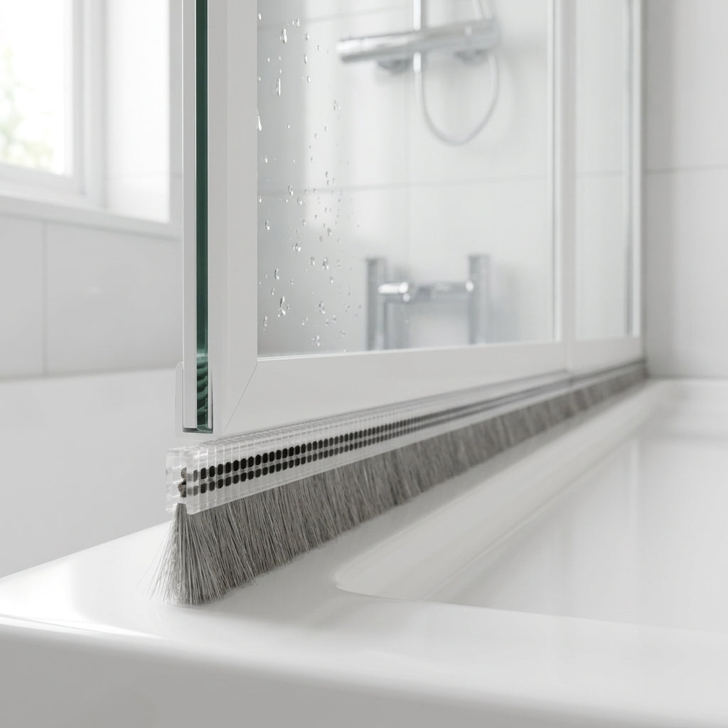 Brush seal with 6mm T backing and 10mm bristles bridging the gap under a bifold shower door